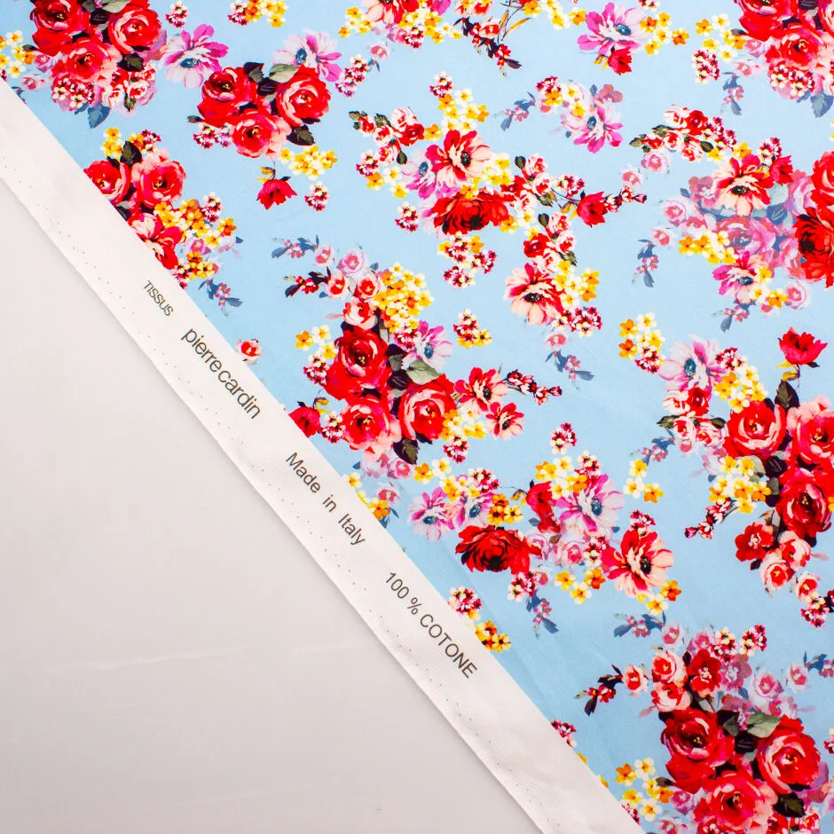 Red, Yellow & Pink Pansy Floral Printed Blue Cotton