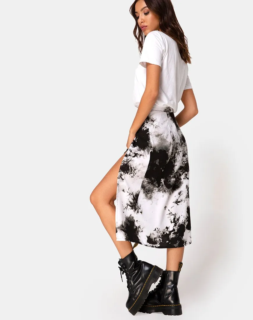 Saika Midi Skirt in Mono Tie Dye Black and White