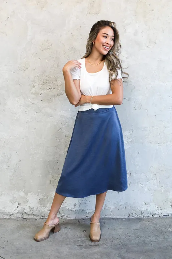 Silk Midi Skirt in Heritage Blue