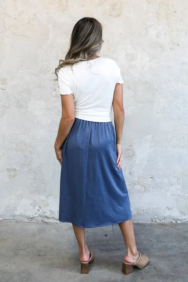 Silk Midi Skirt in Heritage Blue