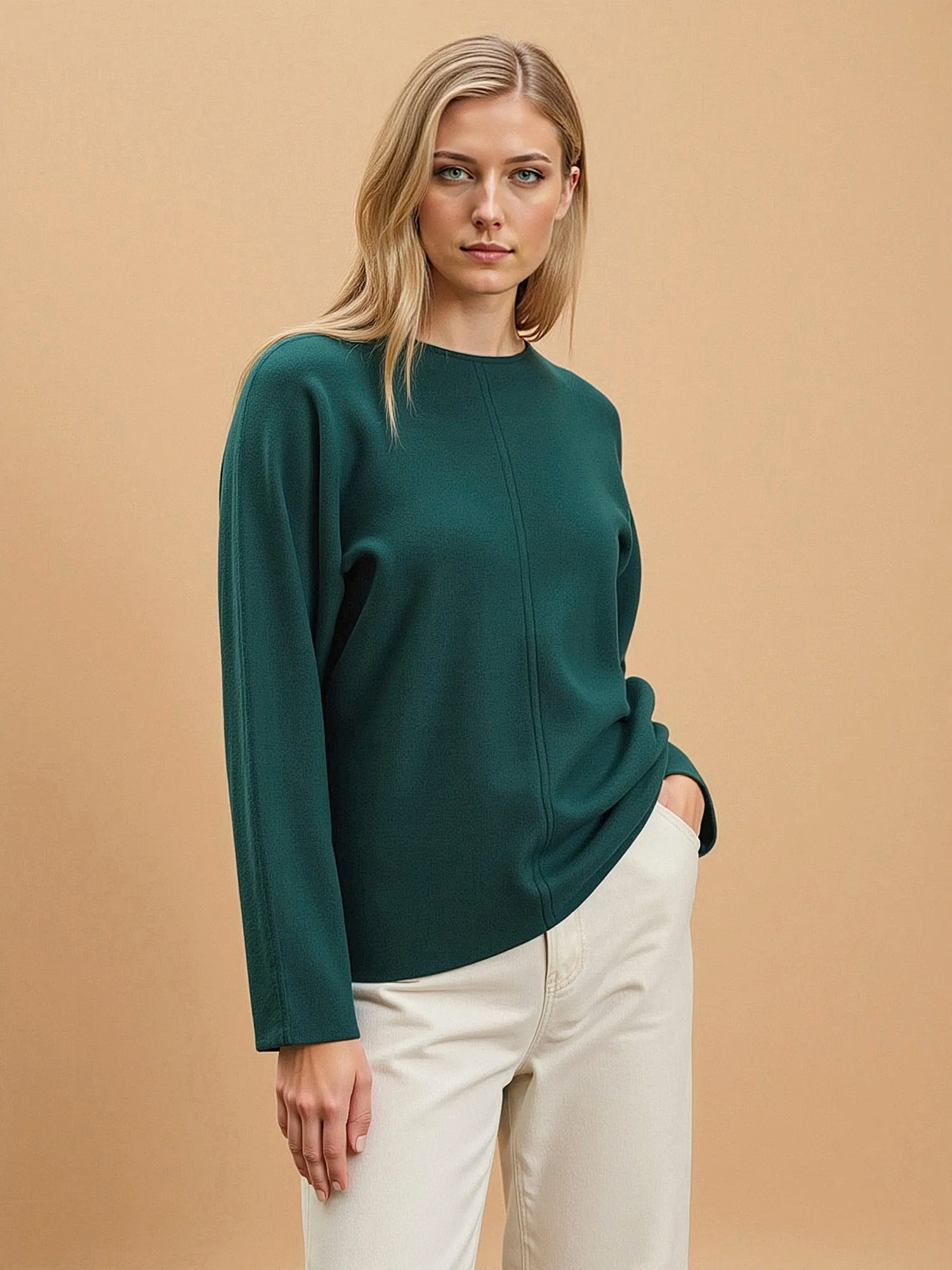 Solid Boat Neck Front Seam Knit Sweater