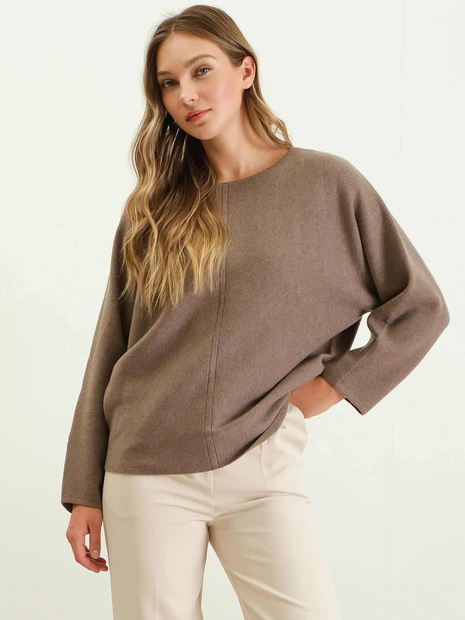 Solid Boat Neck Front Seam Knit Sweater