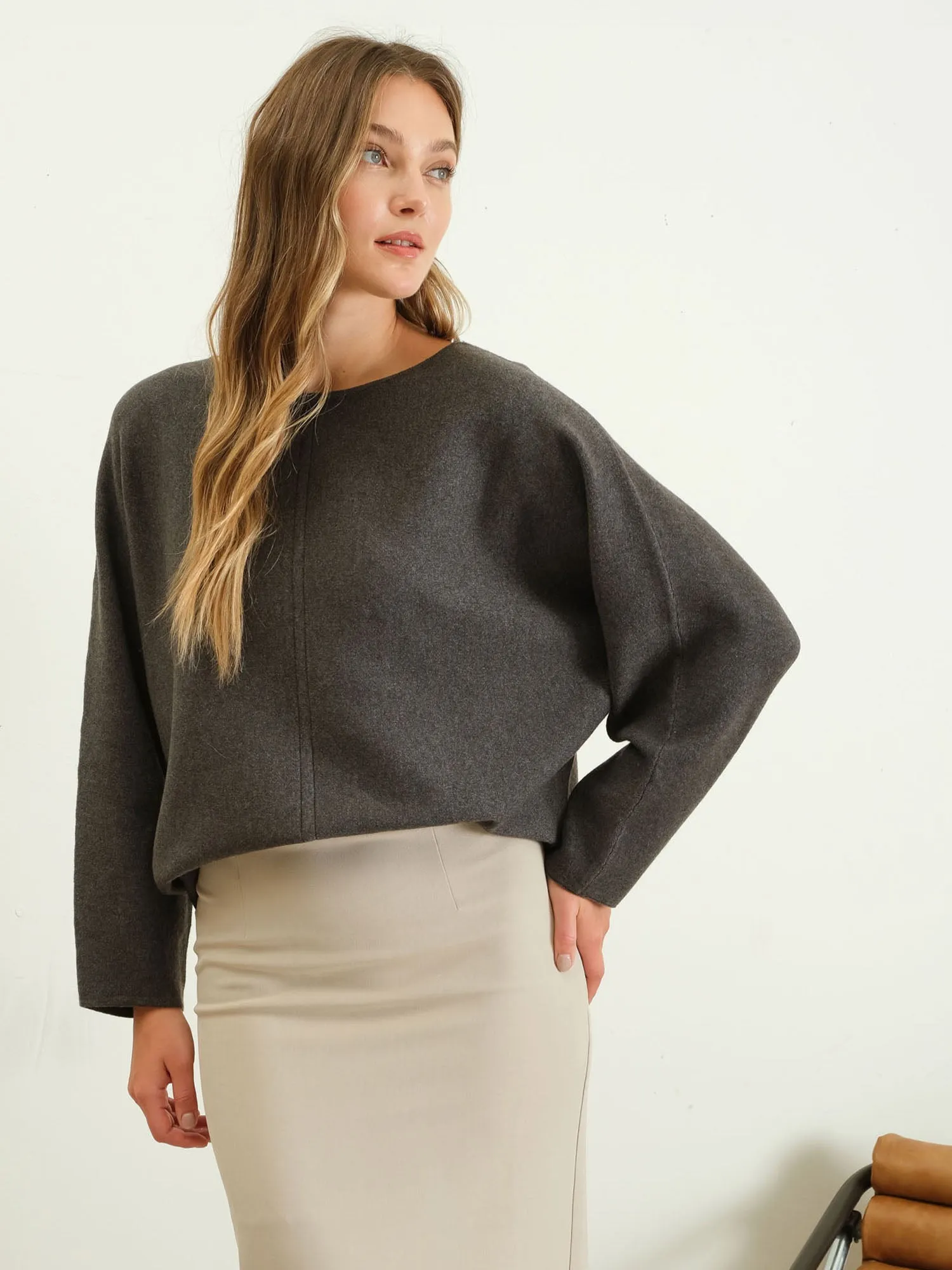 Solid Boat Neck Front Seam Knit Sweater