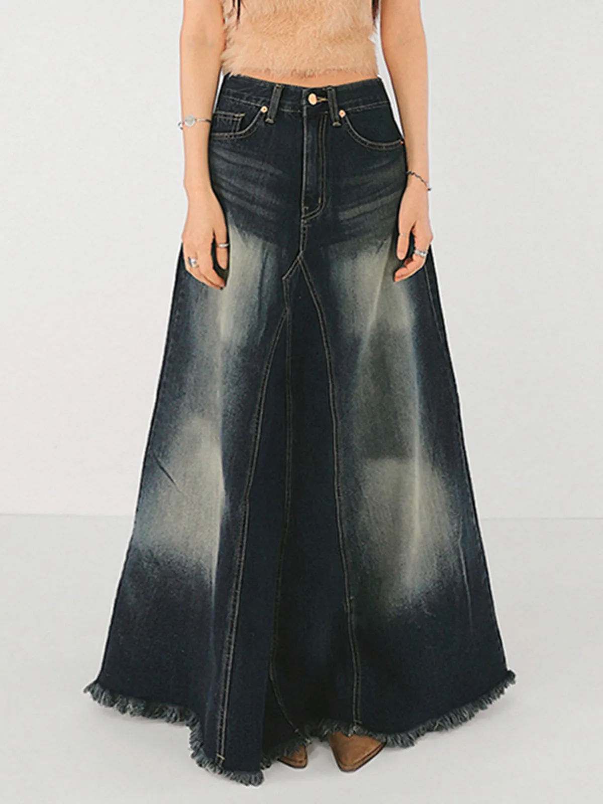 Tassels Hem Graceful Long Denim Skirt