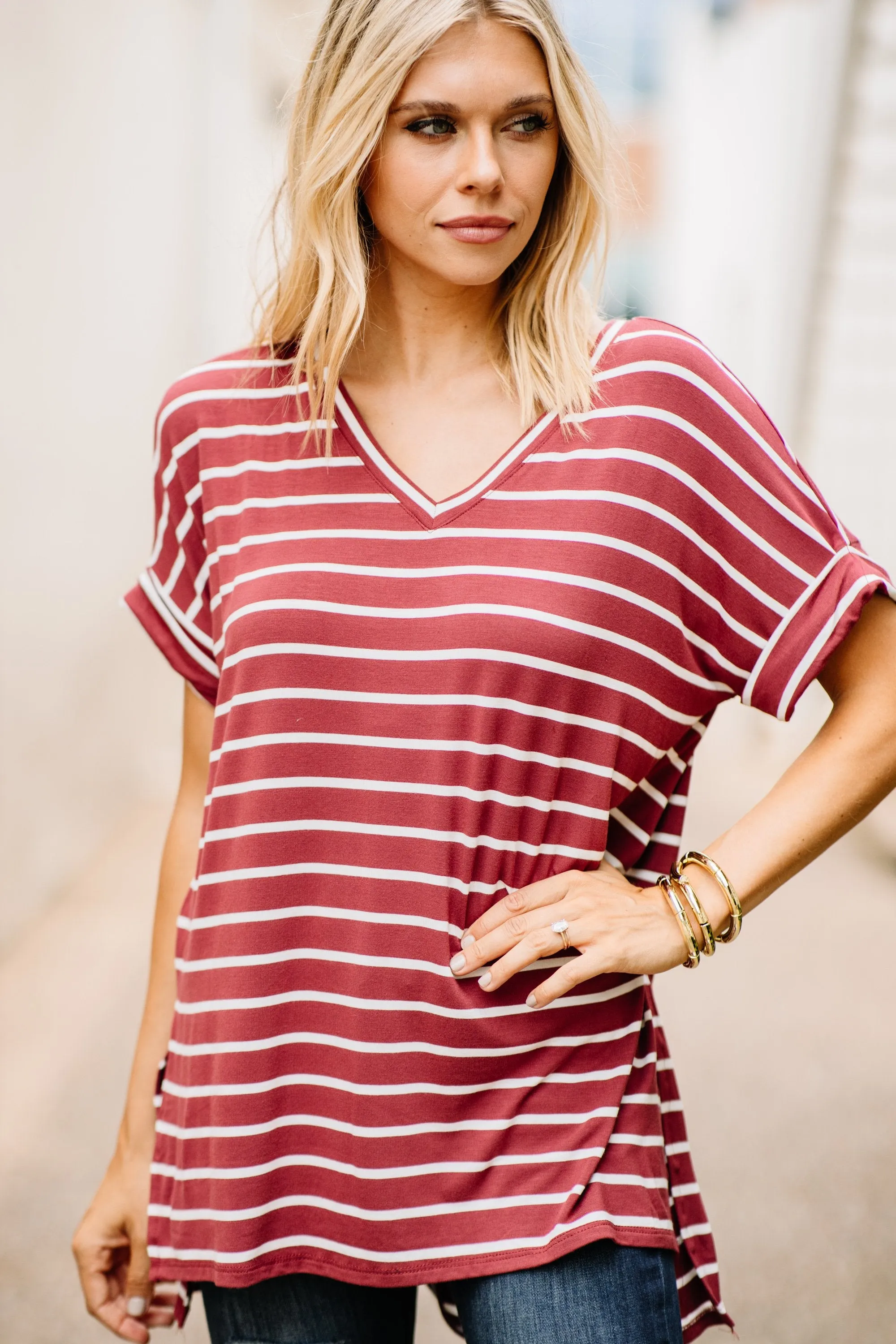 This Is No Joke Brick Red Striped Top