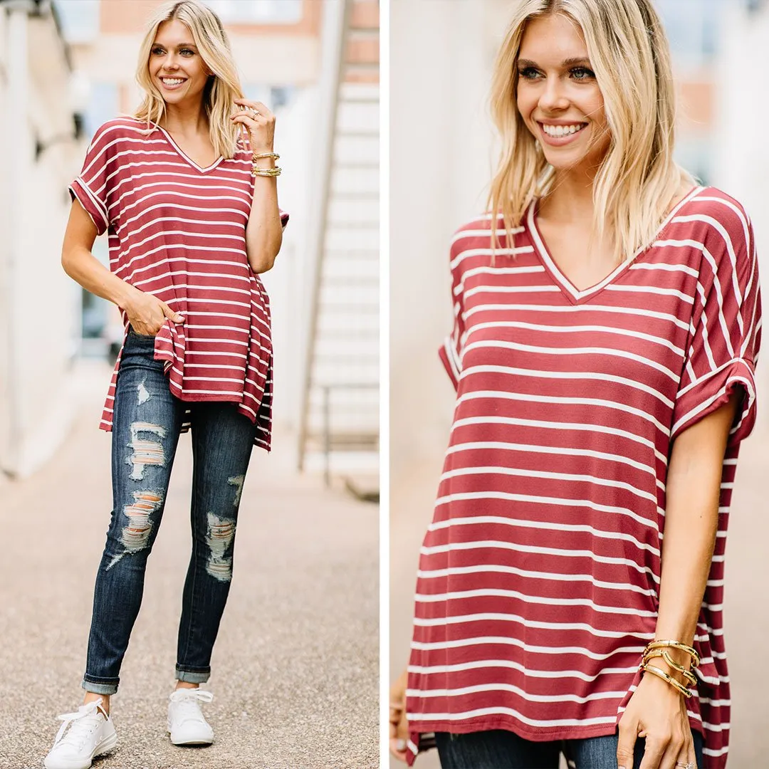 This Is No Joke Brick Red Striped Top