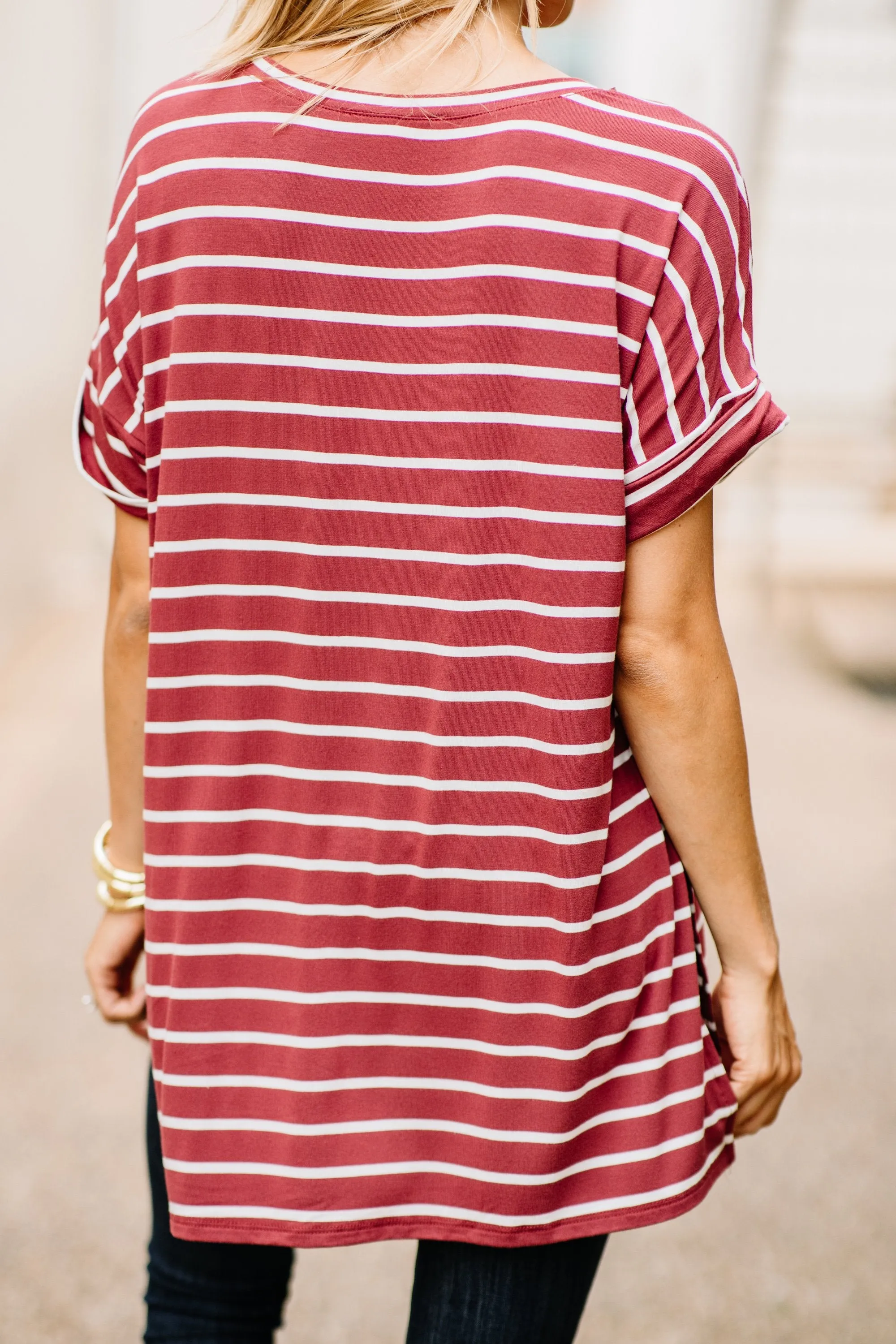 This Is No Joke Brick Red Striped Top