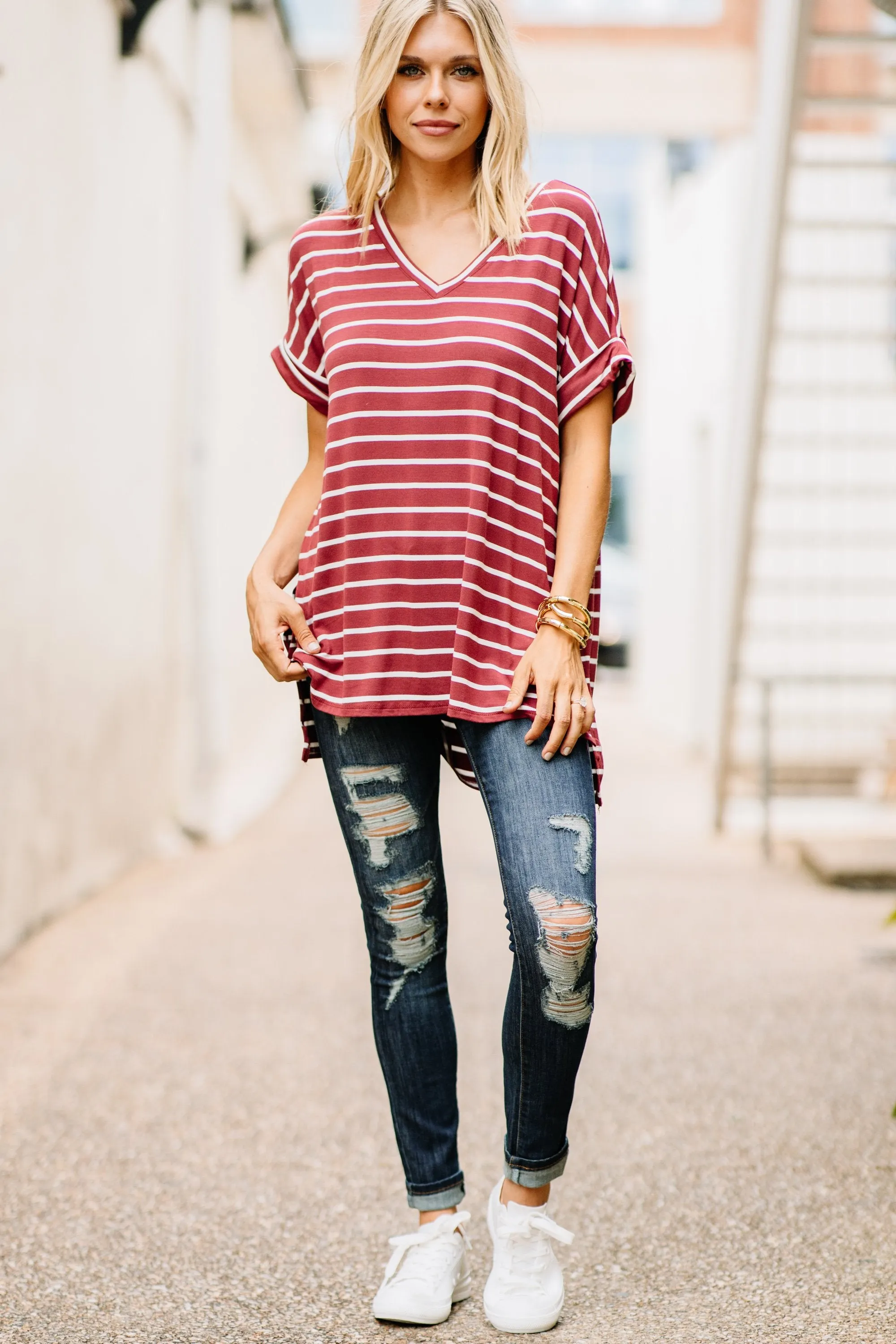 This Is No Joke Brick Red Striped Top