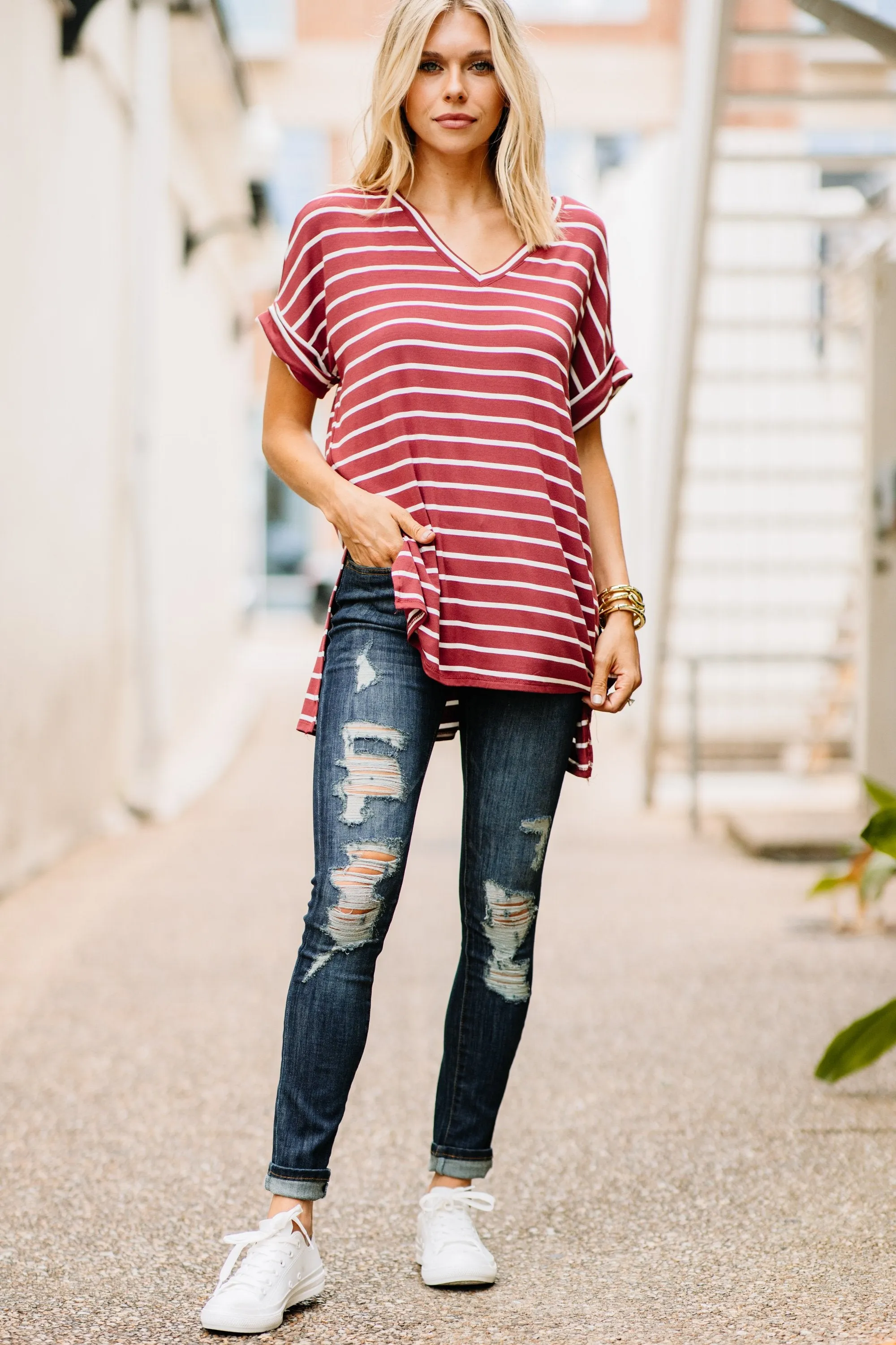 This Is No Joke Brick Red Striped Top