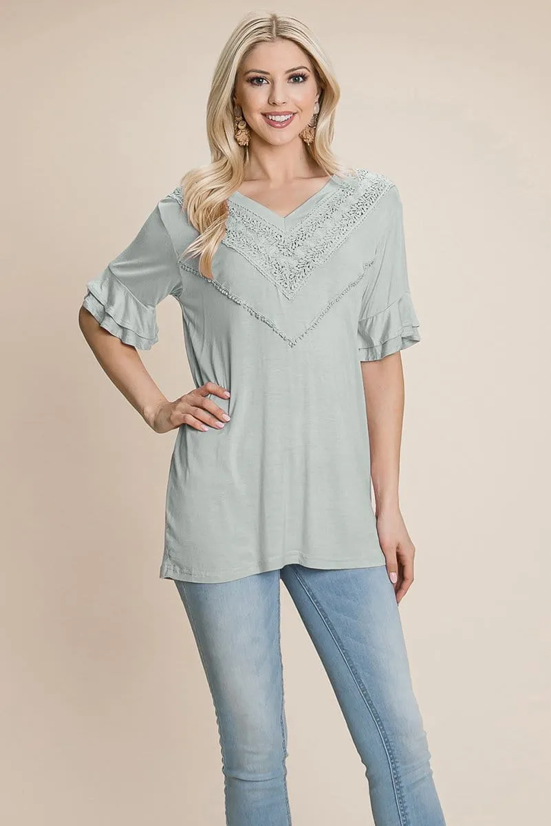 V Neck Lace trim Front Ruffle Sleeve Shirt tops