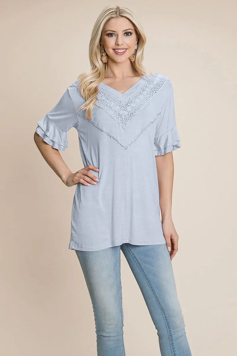 V Neck Lace trim Front Ruffle Sleeve Shirt tops