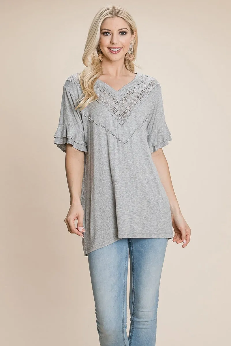 V Neck Lace trim Front Ruffle Sleeve Shirt tops