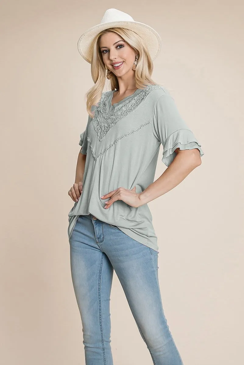 V Neck Lace trim Front Ruffle Sleeve Shirt tops