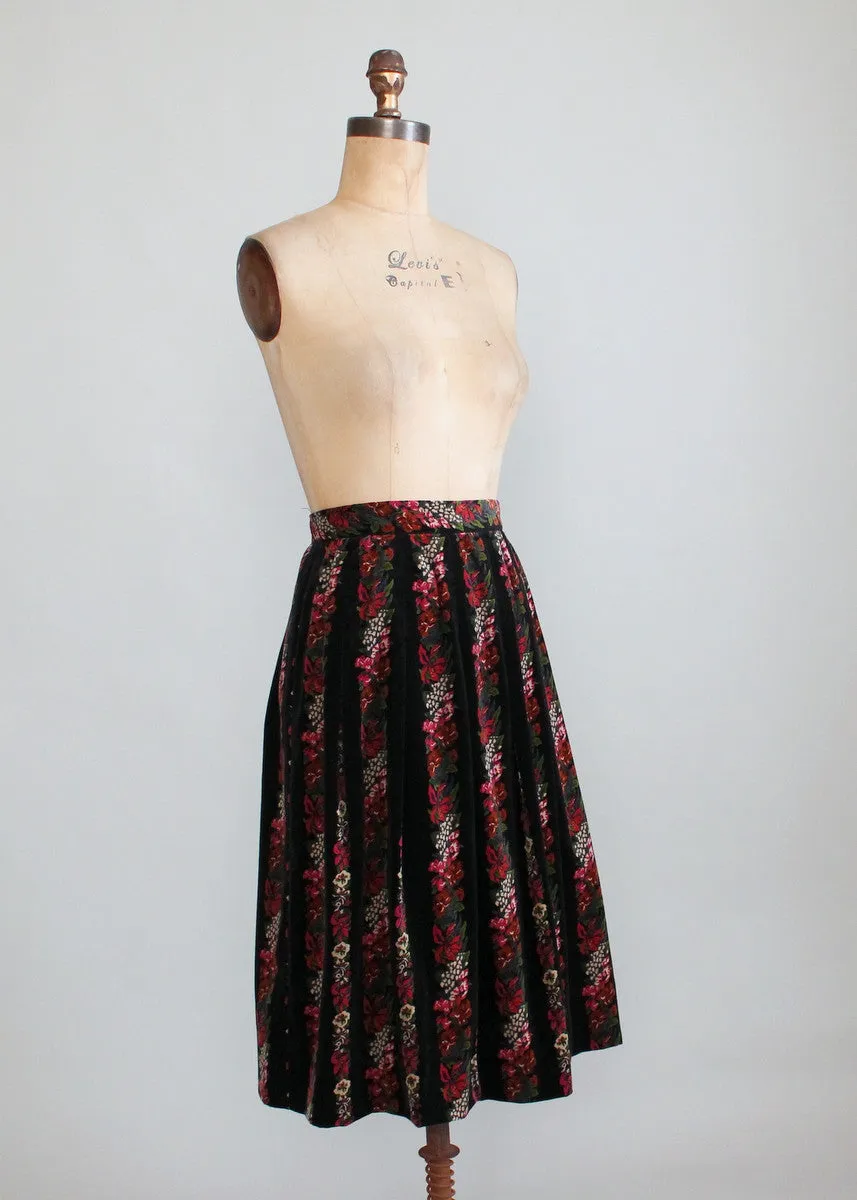 Vintage 1960s Floral Velveteen Pleated Skirt