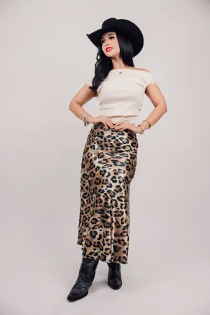 Vintage Leopard Print Satin High Waist Midi Skirt