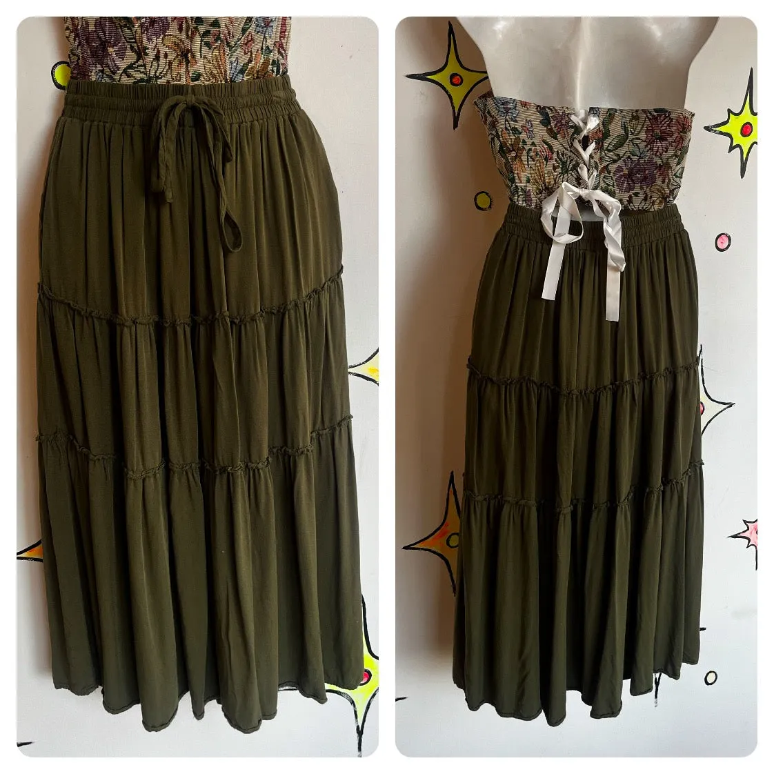 Vintage Y2K 2000s | Fairy Grunge Flowy Tiered Green Midi Maxi Skirt | Size Small