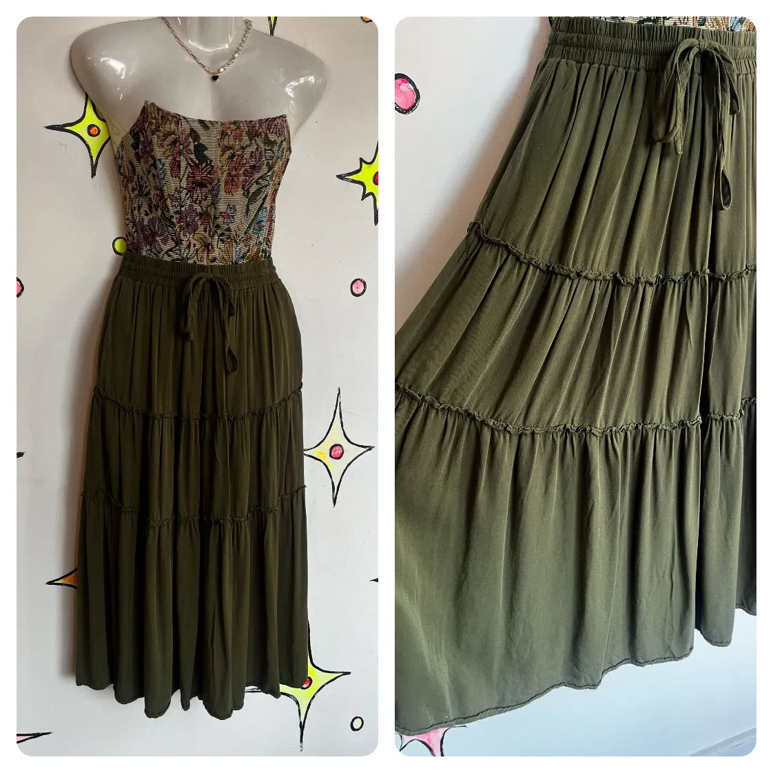 Vintage Y2K 2000s | Fairy Grunge Flowy Tiered Green Midi Maxi Skirt | Size Small