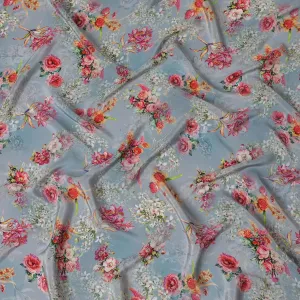 Whimsical Garden Viscose Fabric - Lush Digital Floral Print on Sky Blue, Crafted in India, 110cm Wide-D18729