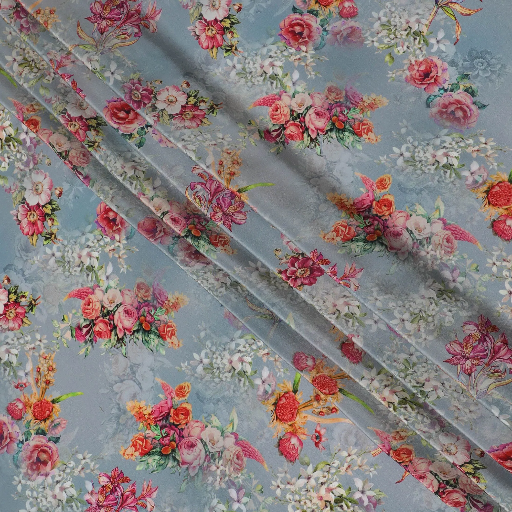 Whimsical Garden Viscose Fabric - Lush Digital Floral Print on Sky Blue, Crafted in India, 110cm Wide-D18729