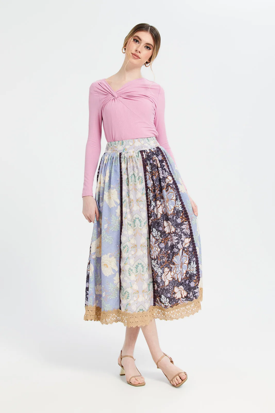 Women Blue Printed Gathered Skirt