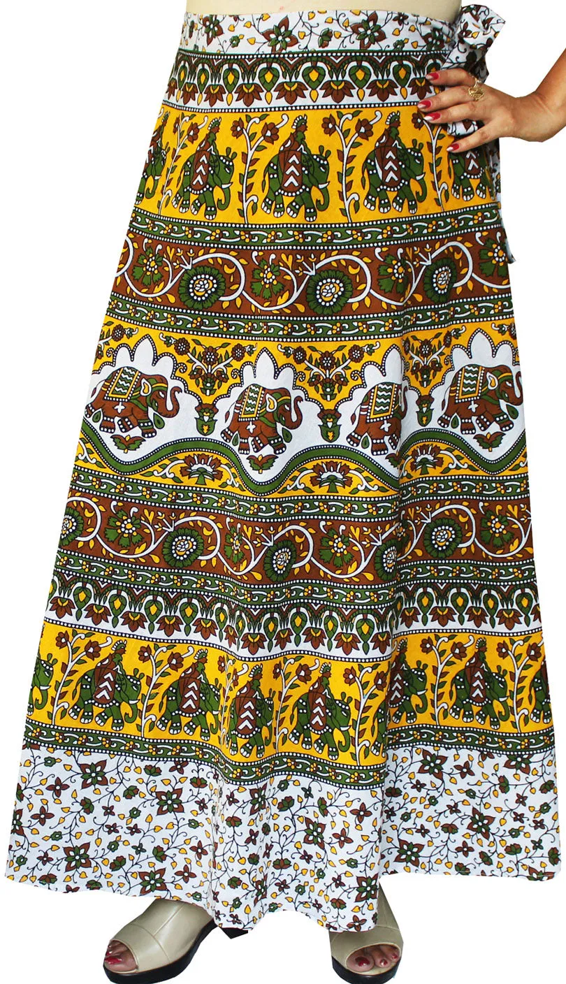 Women's Printed Long Indian Cotton Wrap Skirt (Yellow, One Size)