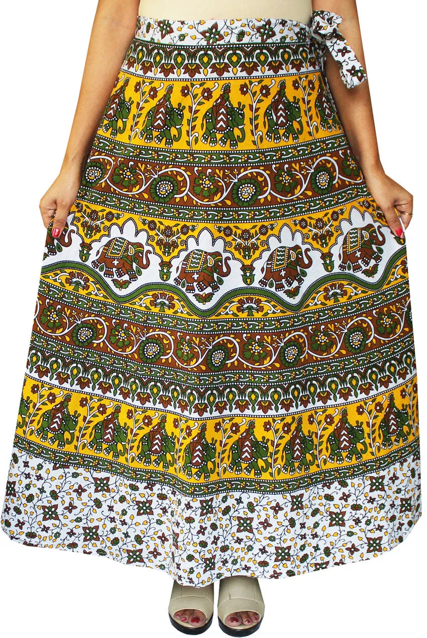 Women's Printed Long Indian Cotton Wrap Skirt (Yellow, One Size)